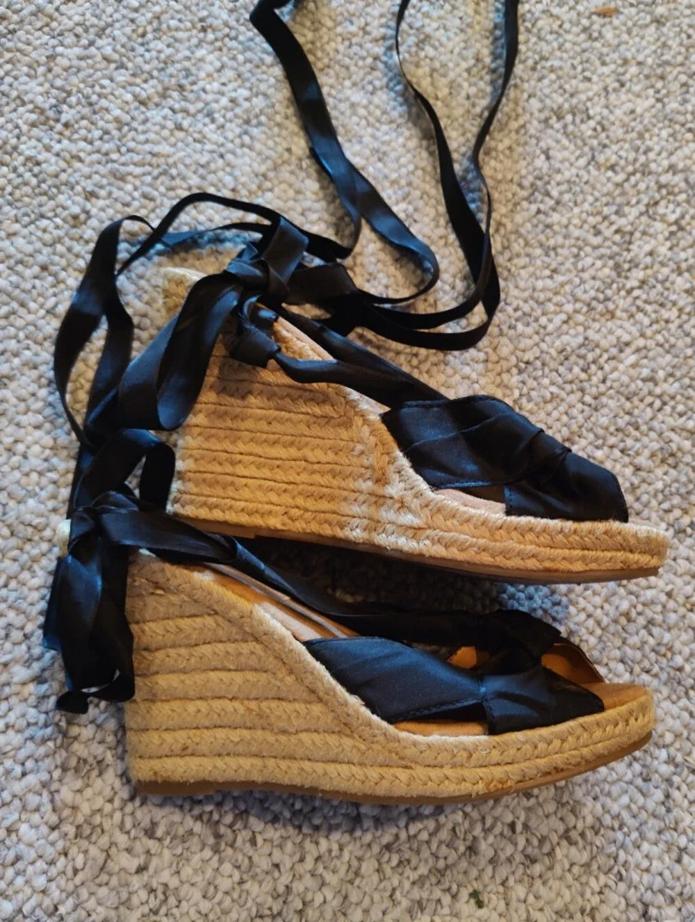 Stylish Black Bow Lace-Up Espadrille Sandals. Size 7 1/2
